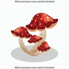 Wild mushrooms icons colorful 3d sketch
