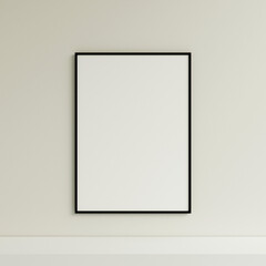 Clean and minimalist front view vertical black photo or poster frame mockup hanging on the wall. 3d rendering.