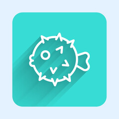 White line Fish hedgehog icon isolated with long shadow. Green square button. Vector