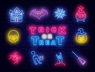 Trick or treat neon promotion. Bright icons collection. Pumpkin. skull and spider. Vector stock illustration © Anastasia Gapeeva