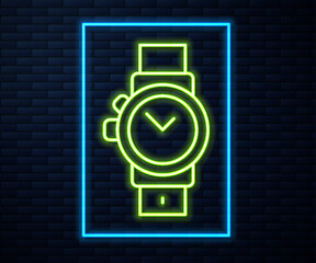 Glowing neon line Wrist watch icon isolated on brick wall background. Wristwatch icon. Vector