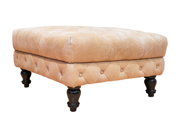 Leather padded stool with wooden legs isolated on white backgrounds work with Clipping path