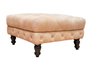 Leather padded stool with wooden legs isolated on white backgrounds work with Clipping path