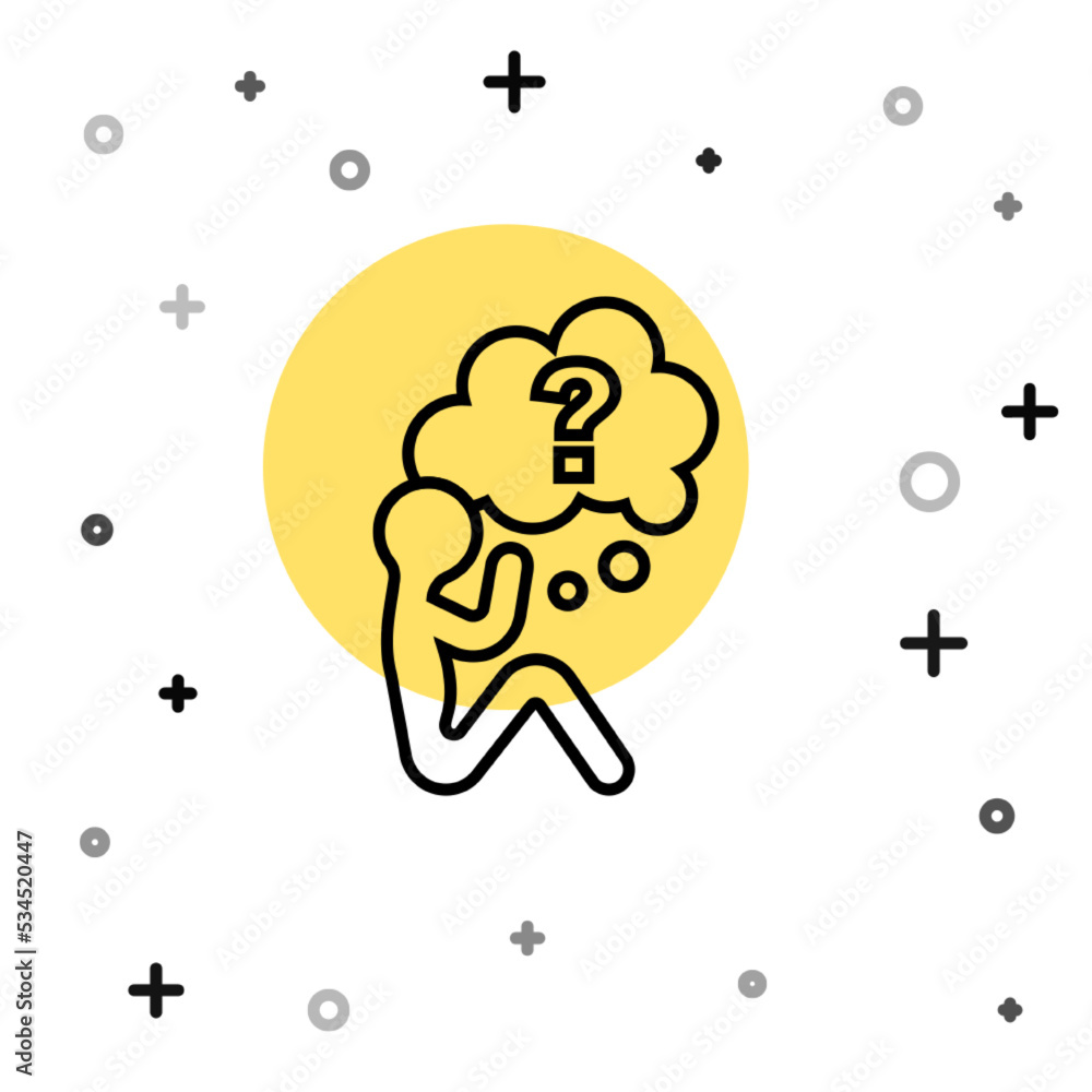 Poster black line human head with question mark icon isolated on white background. random dynamic shapes. v