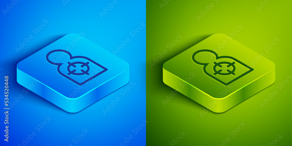 Poster isometric line human target sport for shooting icon isolated on blue and green background. clean tar