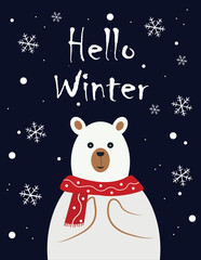 Vector drawing hello winter, vector text, card, poster, banner. Vector elements.