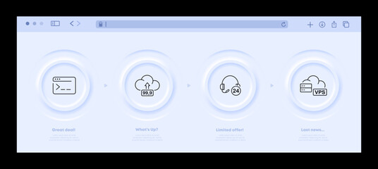 IT technology Cloud storage, download, information storage, support service, hotline, website, browser. Internet concept. Neomorphism website interface. Vector line icon for Business and Advertising