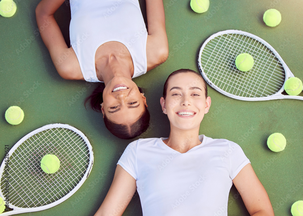 Poster Tennis, women and relax portrait from above on sports court with friends resting together on floor. Women athlete team with happy, young and cheerful people on fitness break at tournament training.