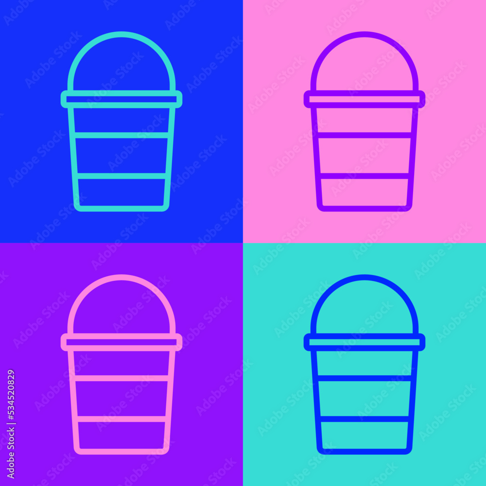 Poster pop art line fire bucket icon isolated on color background. metal bucket empty or with water for fir
