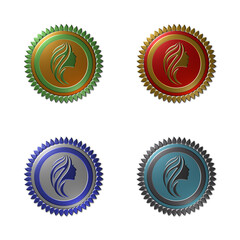 Set of 4 - 3D rendered illustrations of seals with drops forming the circumference and profile of a young woman in the centre, all with a metallic texture finish, isolated on a white background.