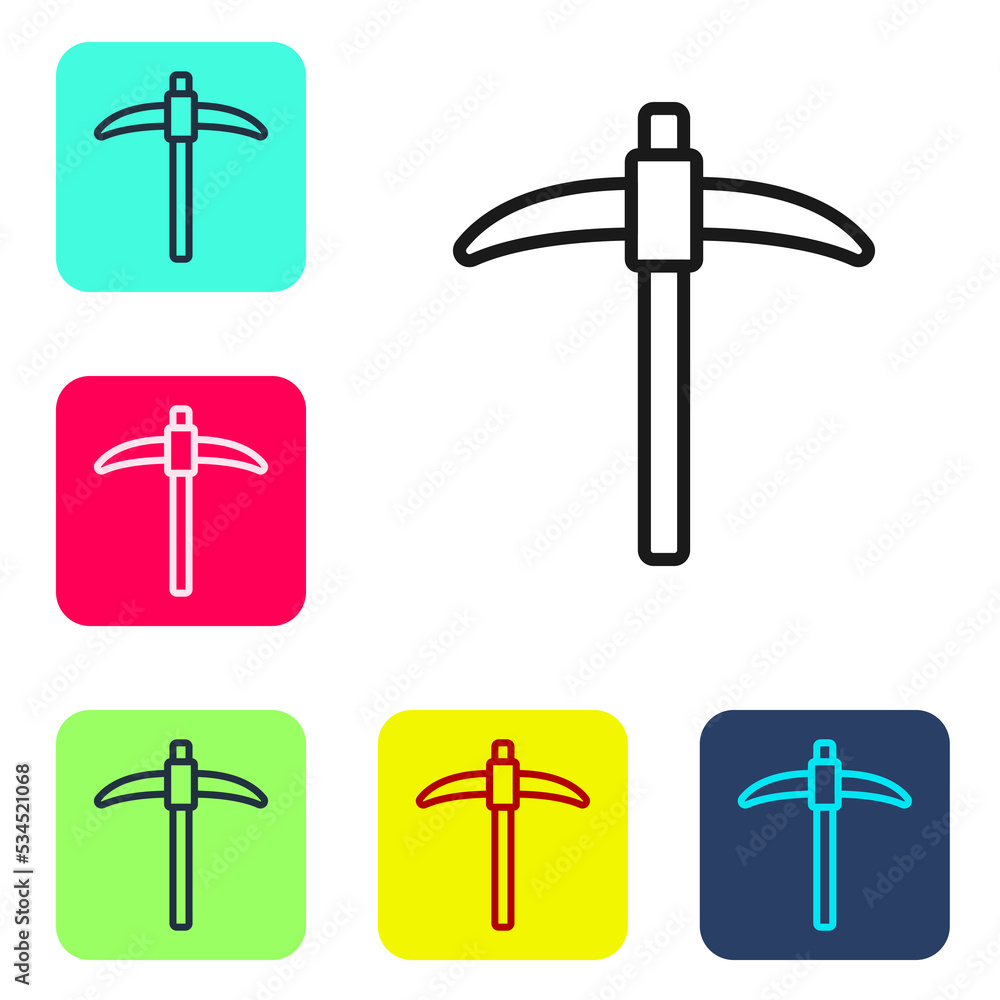 Poster black line pickaxe icon isolated on white background. set icons in color square buttons. vector