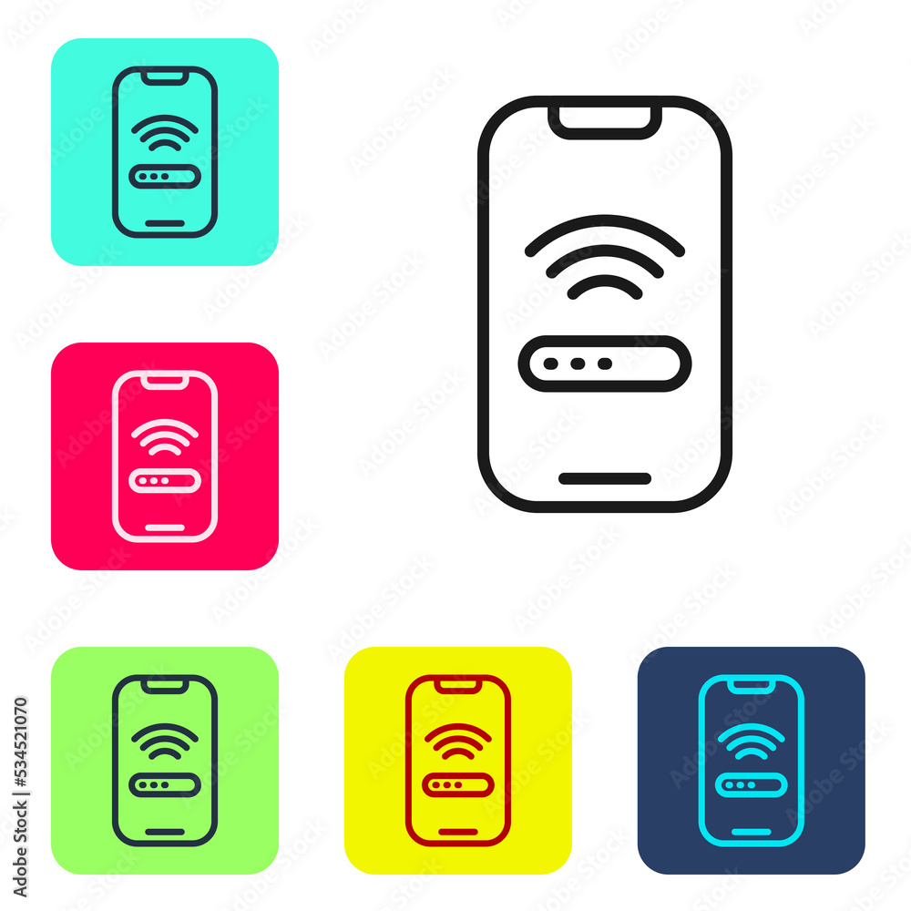 Poster black line smartphone with free wi-fi wireless connection icon isolated on white background. wireles
