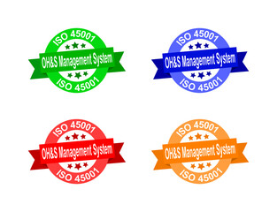 A set of 4 flat illustrations of different coloured seals for ISO 45001 (OHS Management system) isolated on a white background.