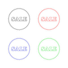A set of 4 flat, different coloured outline illustrations of a round seal with a curvy frame and the text SALE in the centre, all isolated on a white background.