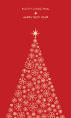 Merry Christmas Happy New Year greeting card with snowflake tree star on red background. Minimalist retro vintage style template for holiday poster banner party invitation