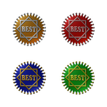 A set of 4 - 3D rendered illustrations of metallic textured seals with the text "BEST" in platinum, gold, red, blue and green, isolated on a white background.