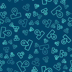 Green line Location for camping or tours and travels icon isolated seamless pattern on blue background. Vector