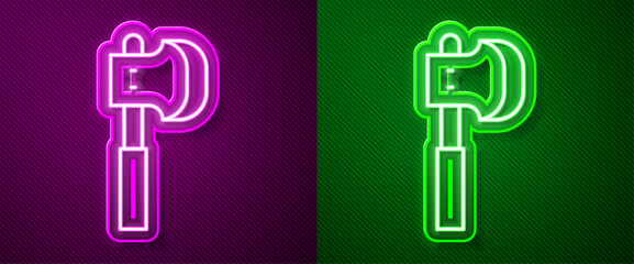 Glowing neon line Wooden axe icon isolated on purple and green background. Lumberjack axe. Vector