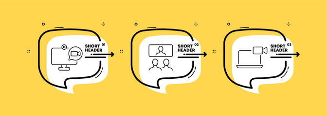 Snapshot set icon. Camera, video, frame, portrait, lens, media, observation, social network, surveillance video, CCTV. Infographic timeline with icons and 3 steps. Vector line icon for Business