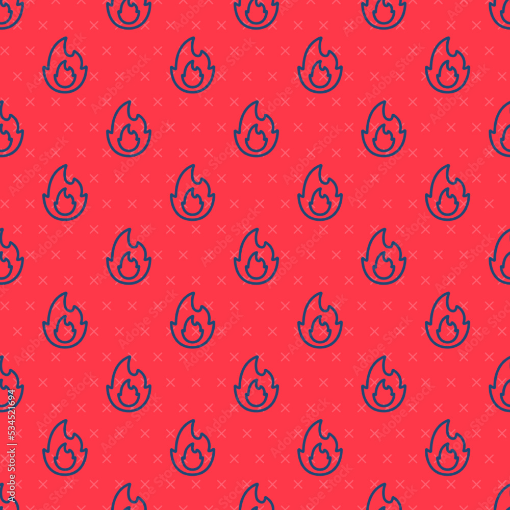 Poster blue line fire flame icon isolated seamless pattern on red background. vector