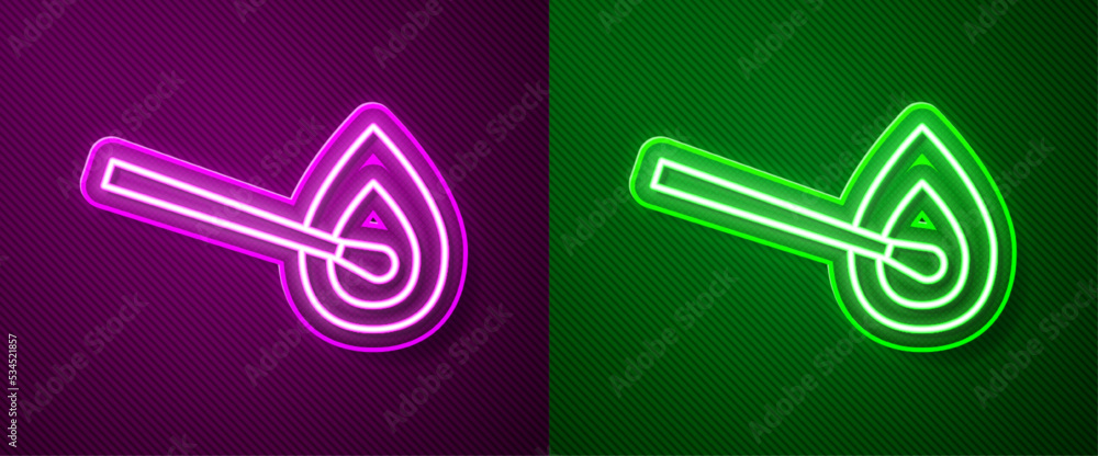 Poster glowing neon line burning match with fire icon isolated on purple and green background. match with f