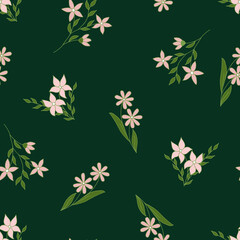 seamless pattern on green background pink flowers vector