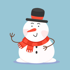 A smiling snowman in a hat and scarf in cartoon style. Isolated Christmas illustration on background.