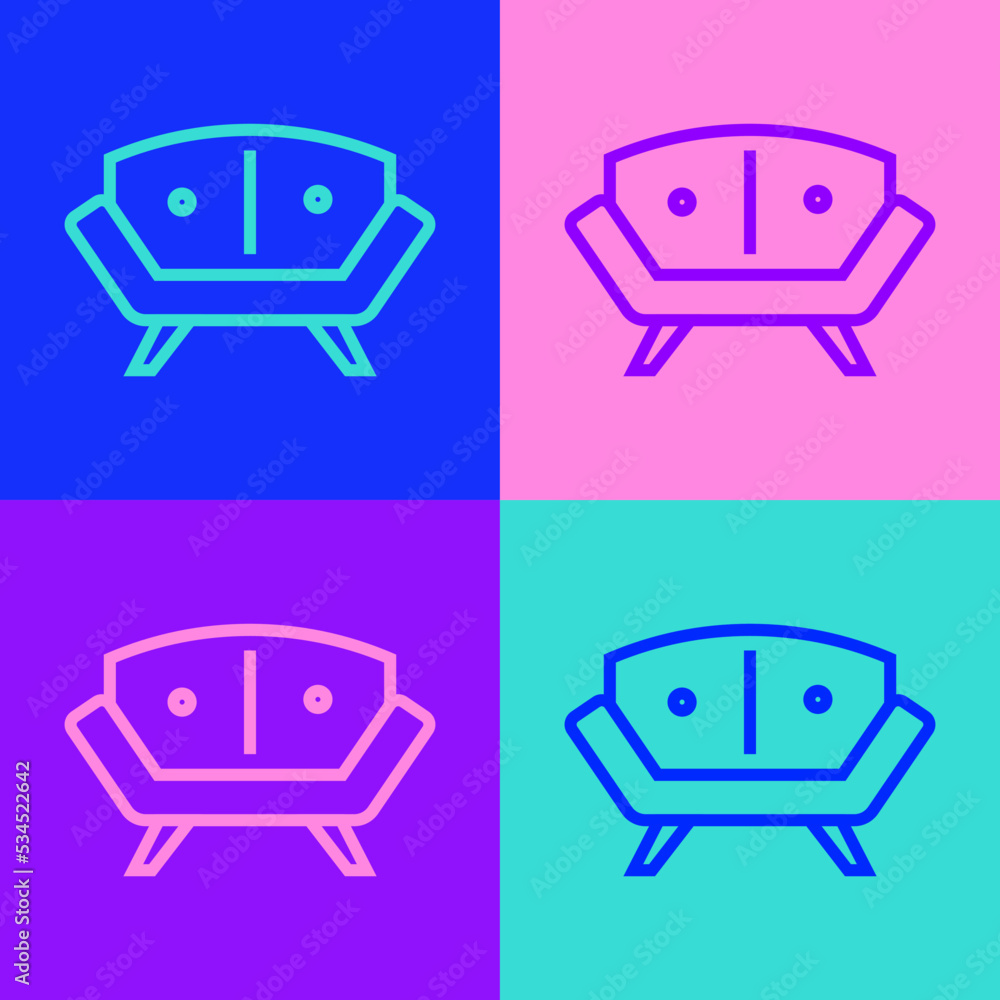 Poster pop art line sofa icon isolated on color background. vector