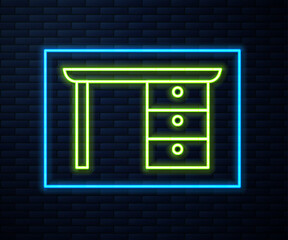 Glowing neon line Office desk icon isolated on brick wall background. Vector
