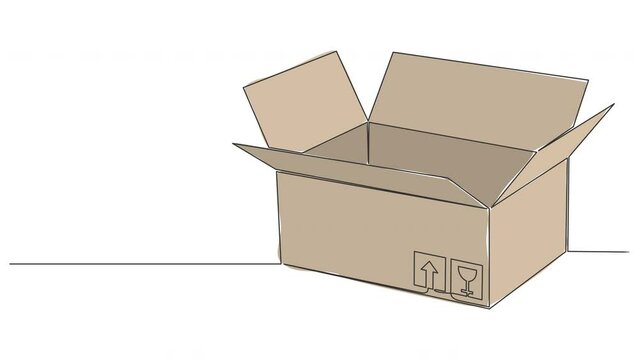 animated single line drawing of open cardboard box isolated on white background, line art animation