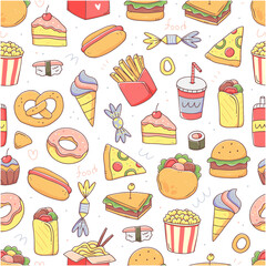 Seamless pattern with fast food in cute kawaii doodle style. Junk food illustration background.