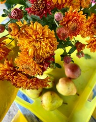 Country still life with chrysanthemums and pears.