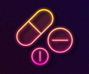 Glowing neon line Medicine pill or tablet icon isolated on black background. Capsule pill and drug sign. Pharmacy design. Vector