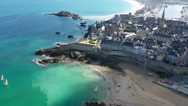 Aerial view of Saint Malo, drone in 4k,  Britanny France.