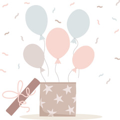 Vector illustration of an open gift box with flying balloons and flat style confetti on a white background. Ideally suitable for greeting cards, banners, wrapping paper, printing on fabrics. - obrazy, fototapety, plakaty