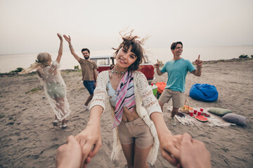 Photo of millennial hang-out lovers dance have fun holiday trip wear hippie boho look outdoors