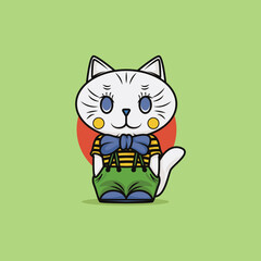 Illustration of cute cat with clothes and ribbon. icon concept in flat cartoon style