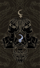 Tarot card back design, back side. Lilith and Selena, Black and White Moon