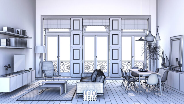 3d wireframe arhitectural rendering of modern living room. Interior design drawing concept idea.