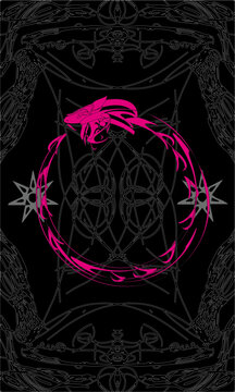 Tarot card back design, back side. Ouroboros, serpent or dragon eating its own tail