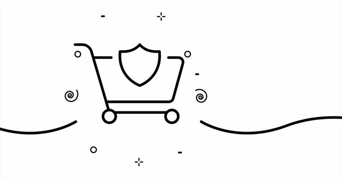 Safe shopping. Cart with a shield, customers protection, order, online shop, security system, discount. Sale concept. One line drawing animation. Motion design. Animated technology logo. Video 4K
