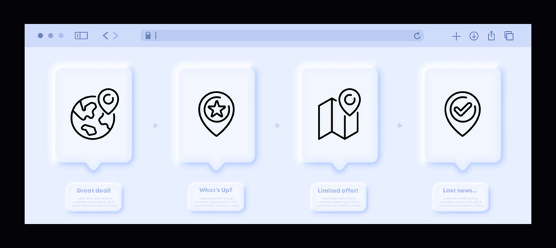 Geolocation set icon. Pointer, route, map, flaf, location, navigation, cartography and topography. Gps concept. Neomorphism website interface. Vector line icon for Business and Advertising
