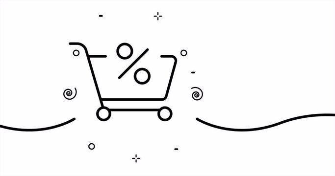Shopping cart with percent sign. Shop, customer, discount, cheap, purchase, order, service, sell. Sale concept. One line drawing animation. Motion design. Animated technology logo. Video 4K