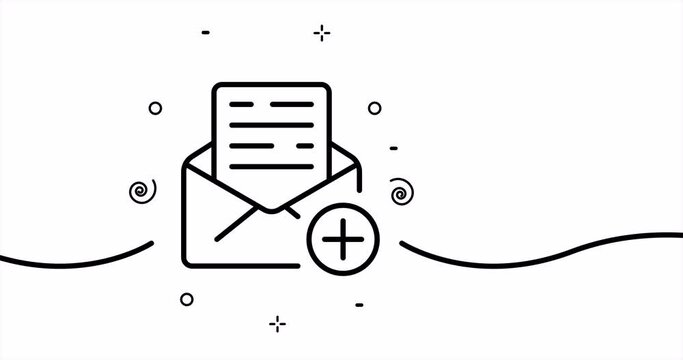 Letter with plus. Add, attach, envelope, document, important, message, report, agreement. Business concept. One line drawing animation. Motion design. Animated technology logo. Video 4K