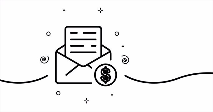 Letter with dollar sign. Report, acounting, bookkeeping, budget, money, currency. Financial management concept. One line drawing animation. Motion design. Animated technology logo. Video 4K