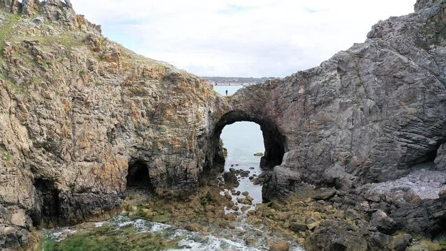 Beautiful sea landscape, beautiful rocky coast, view from the drone 4k, Crozon in France.