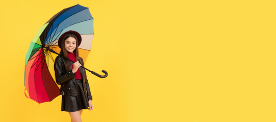 autumn season. rainy weather forecast. back to school. fall fashion accessory. Child with autumn umbrella, rainy weather, horizontal poster, banner with copy space.