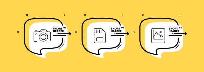 Photo cameras set icon. Take pictures, image, photographer, digital, sd card, flash drive, data storage. Technology concept. Infographic timeline with icons and 3 steps. Vector line icon for Business