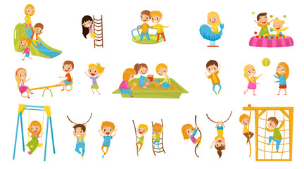 Obraz na płótnie Canvas Little Boy and Girl Playing in Sandpit, Climbing Ladder, Swinging on Rope and Sliding Down on Playground Vector Set