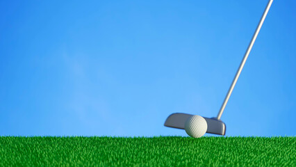 Fototapeta na wymiar White golf ball on green grass field blue clear sky in a fresh day 3D rendering 